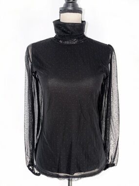 Catherine Malandrino Mesh Turtleneck Top Black Sheer Stretch Dot Goth Witch